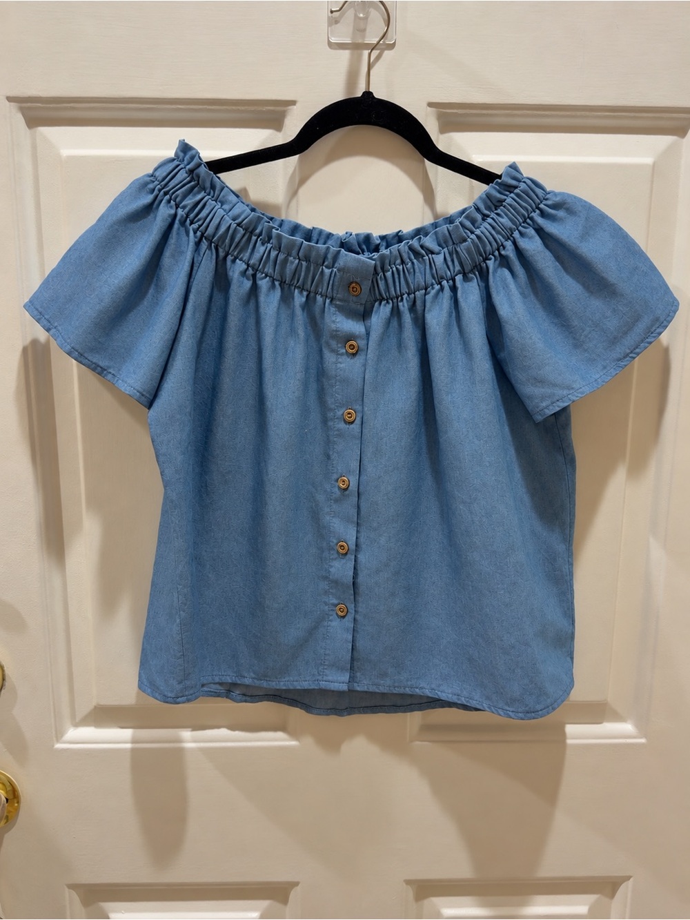 iris Light Blue Off-Shoulder Chambray Top with Buttons